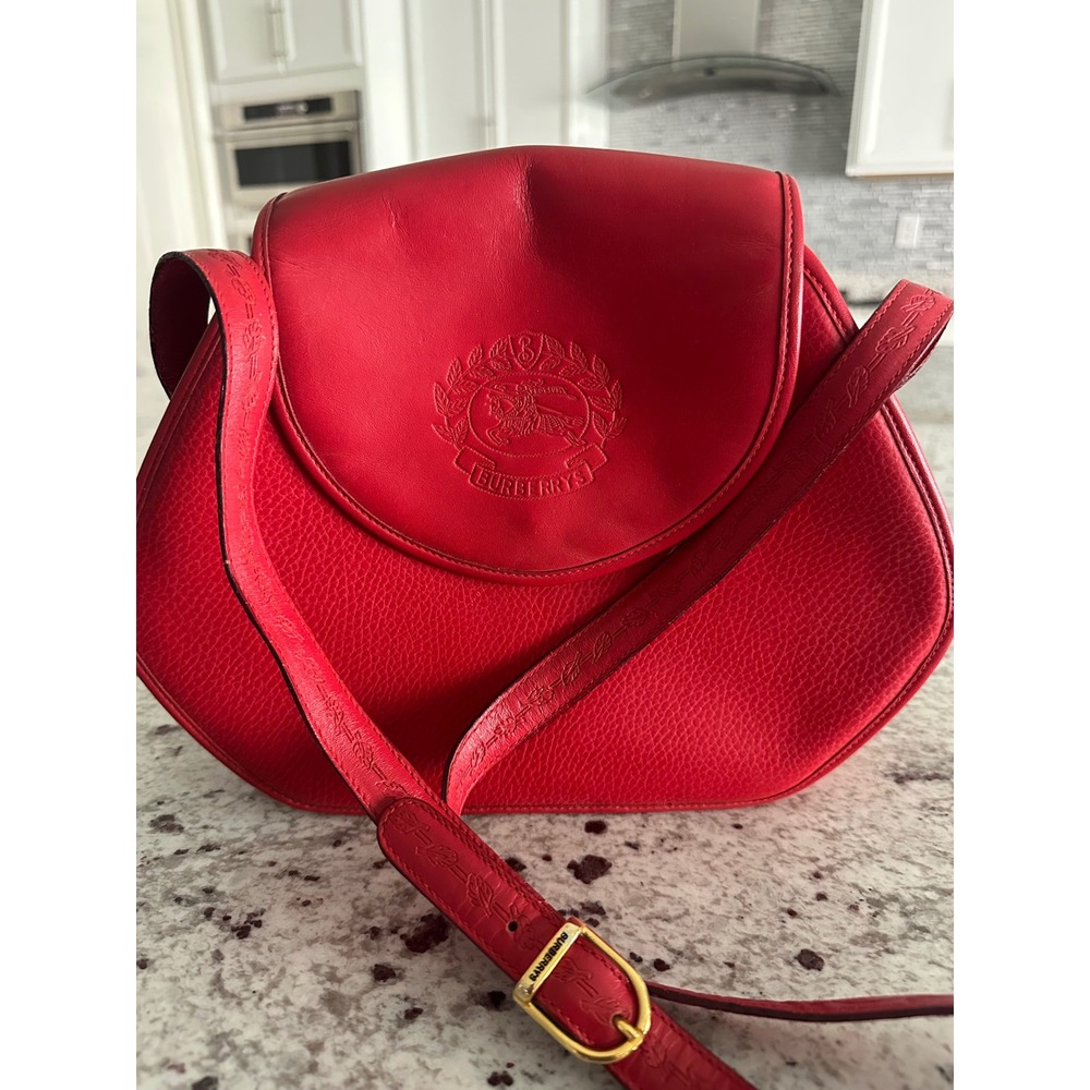 Vintage Burberrys Red Leather Shoulder Bag Crossbody Embossed Logo Crest Rare